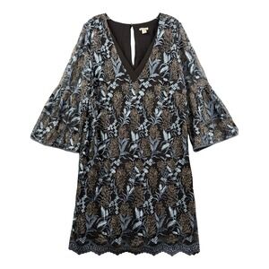 Sundance Black Blue Floral Embroidered Wedding Cocktail Shift Dress Size XL